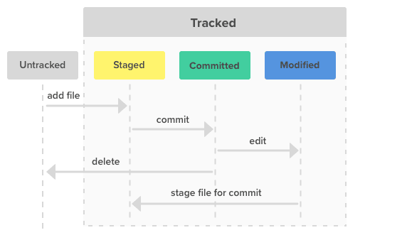 The three file states for Git: modified, staged, and commited.